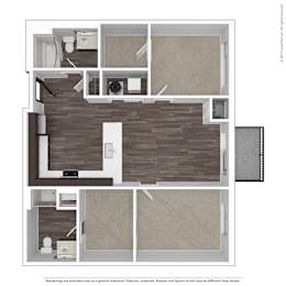 A floor plan of a house with a kitchen, living room, and two bedrooms.