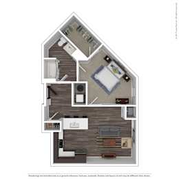 A floor plan of a two-bedroom apartment with a living room, kitchen, and bathroom.