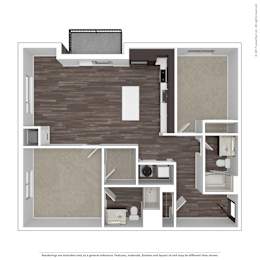 A floor plan of a house with a kitchen, living room, and two bedrooms.