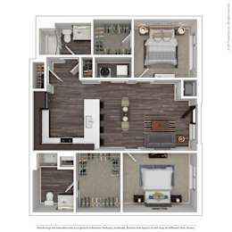 A floor plan of a two-bedroom apartment with a living room, kitchen, and bathroom.