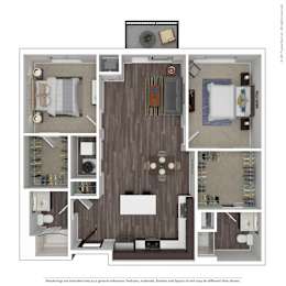 A floor plan of a room with a kitchen, living room, and bathroom.
