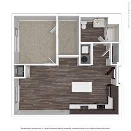 A 3D rendered image of a modern apartment layout.