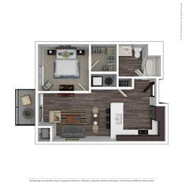 A floor plan of a bedroom with a bed, desk, and chair.