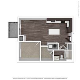 A floor plan of a house with a kitchen, living room, and two bedrooms.