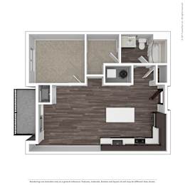 A floor plan of a house with a kitchen, living room, and two bedrooms.