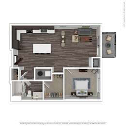 A floor plan of a small apartment with a kitchen, living room, and bedroom.