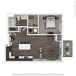 A floor plan of a room with a kitchen, living room, and two bedrooms.