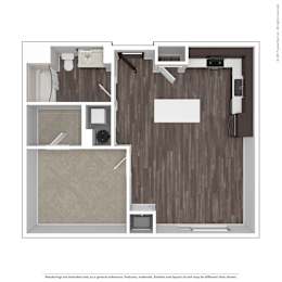 A floor plan of a room with a kitchen, living room, and bathroom.