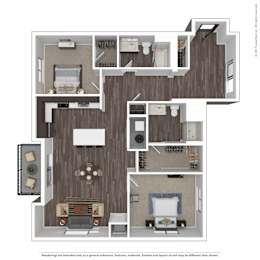 A floor plan of a house with a living room, dining room, kitchen, and two bedrooms.