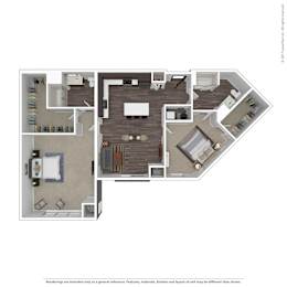 A floor plan of a house with a kitchen, living room, dining room, and two bedrooms.