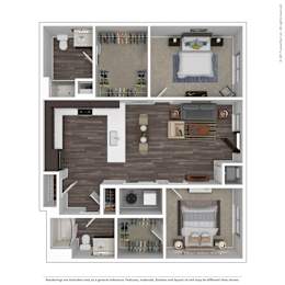 A series of images showing different layouts of a bedroom, bathroom, and living room.