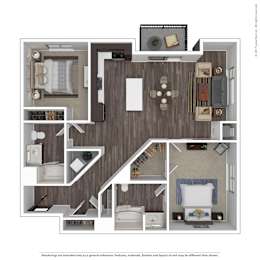 A floor plan of a house with a living room, dining room, kitchen, and two bedrooms.