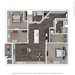 A 3D rendered image of a house layout.