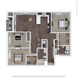 A floor plan of a house with a kitchen, living room, bedrooms and bathrooms.