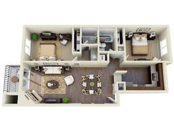 A 3D floor plan of a house with a living room, kitchen, and bedrooms.