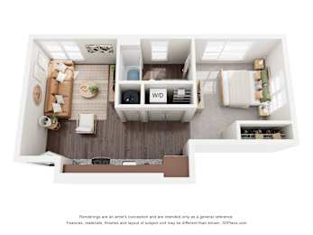 A 3D floor plan of a small apartment with a kitchen, living room, and bedroom.
