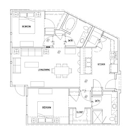 A floor plan of a house with two bedrooms, a living/dining area, a kitchen, and two bathrooms.