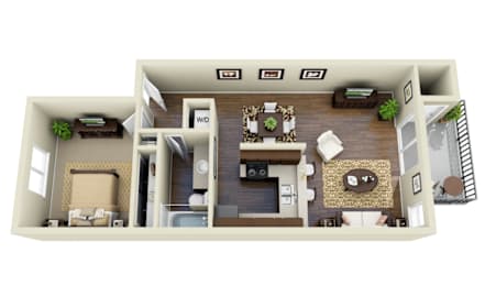 A 3D floor plan of a house with a living room, dining room, kitchen, and two bedrooms.