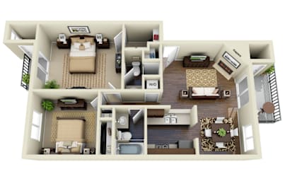 A 3D floor plan of a two-bedroom apartment.