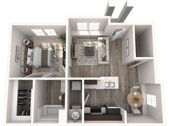 a rendering of a 3d floor plan with a bedroom and a living room