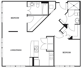 A black and white image of a floor plan for a home with three bedrooms.