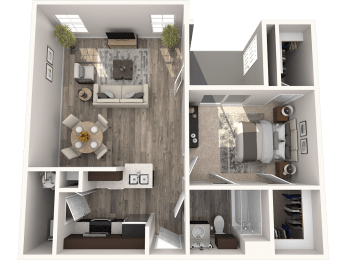 a 3d rendering of a floor plan with bedrooms and a living room
