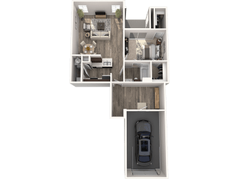 a 3d rendering of a floor plan with a car and a garage
