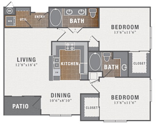 A diagram of a house layout with a living room, kitchen, dining room, and two bedrooms.