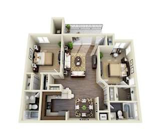 A top-down view of a two-story house with a living room, dining room, kitchen, and bedrooms.