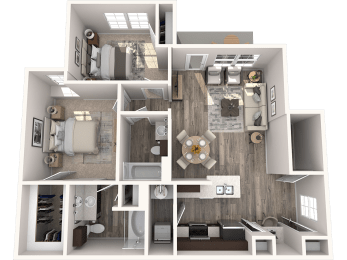 a 3d floor plan of a bedroom with a bathroom and a living room