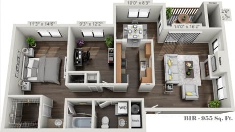 B1R-Two Bedroom One Bath floorplan