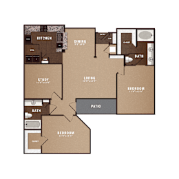 A floor plan of a house with a kitchen, dining room, living room, two bedrooms, a study, a bathroom, and a patio.