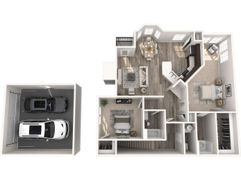 a 3d floor plan of a house and a rendering of a bedroom