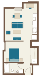 Floorplan-One Bedroom Loft B5- Loft with courtyard, corner windows, and desk alcove