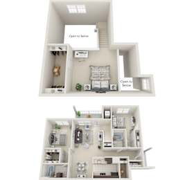 A diagram of a house with two floors and a staircase.