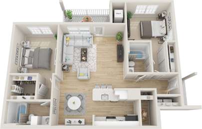 A 3D floor plan of a house with a living room, kitchen, and two bedrooms.