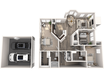 a 3d floor plan of a bedroom and a kitchen