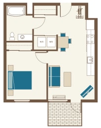 Floorplan-One Bedroom C1-One bedroom with southern exposure, 11' ceilings, and patio