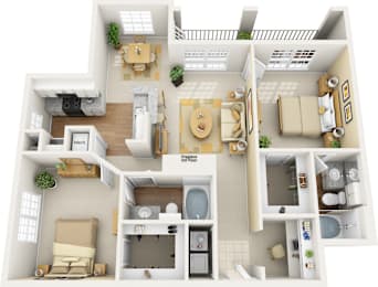 A 3D floor plan of a two-bedroom apartment with a living room, kitchen, and bathroom.