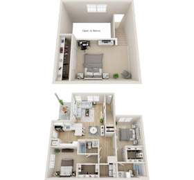 A 3D floor plan of a small apartment with a living room, kitchen, and bedroom.
