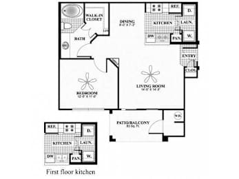 A black and white diagram of a house layout with a living room, dining room, kitchen, and bathroom.