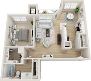 A 3D floor plan of a house with a living room, kitchen, and bathroom.