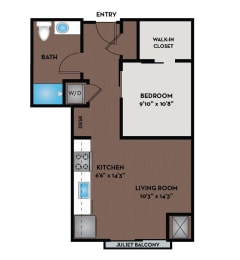 a floor plan of a studio apartment with a bedroom and a living room