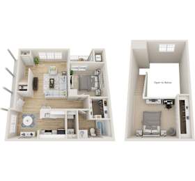 Two images of a small apartment layout with a living room, kitchen, and bedroom.
