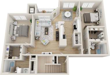 A 3D floor plan of a house with labeled rooms.