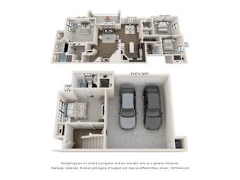 A 3D floor plan of a house with two bedrooms, a living room, a kitchen, and a garage.