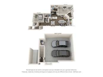 A 3D floor plan of a house with a garage and a car.