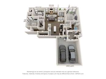 A 3D floor plan of a house with two bedrooms, two bathrooms, a living room, a kitchen, and a garage.