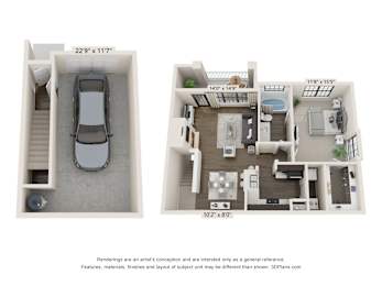 A diagram shows two floor plans of an apartment, one from the top and one from the bottom.