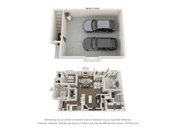 A 3D floor plan of a house with a garage and a living room.